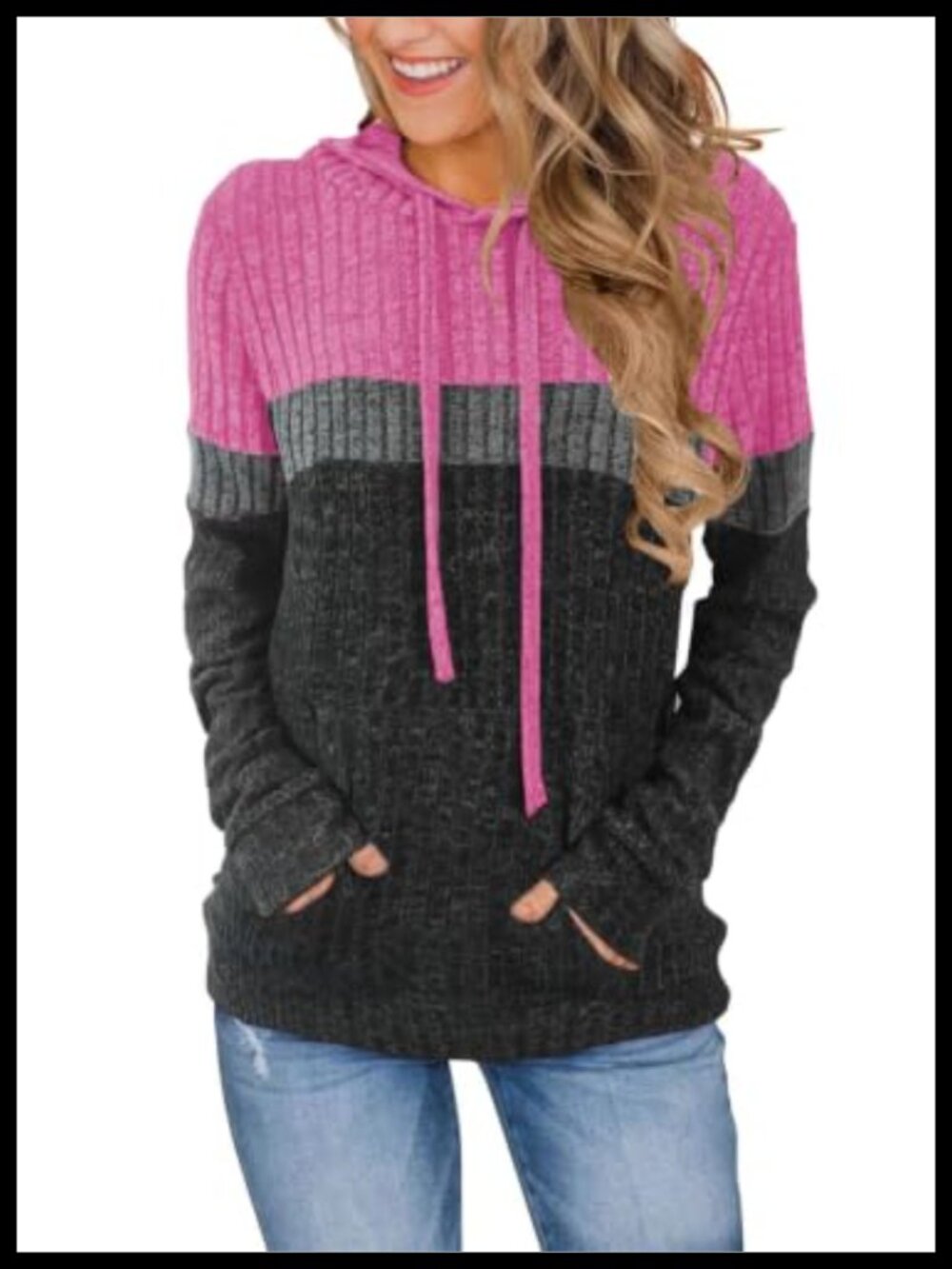 Cozy Ribbed Knit Hoodie Colorblock Tunic Pullover Sweater